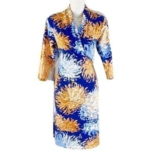 J. McLaughlin blue tan floral faux wrap dress Z19